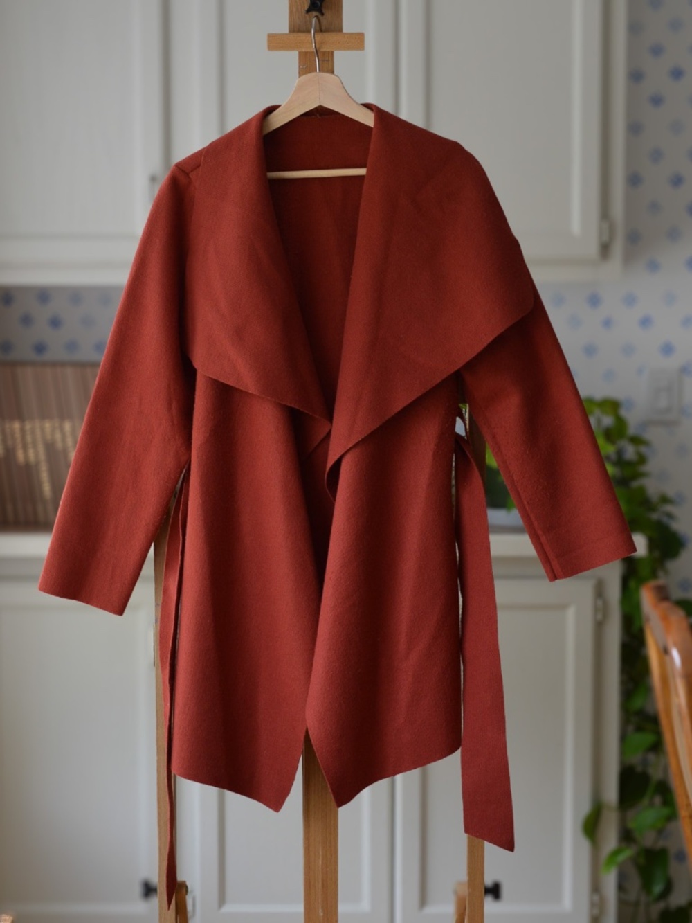 Italian Boutique Rust Red Wool Look Felt Draped Belted Wrap Jacket